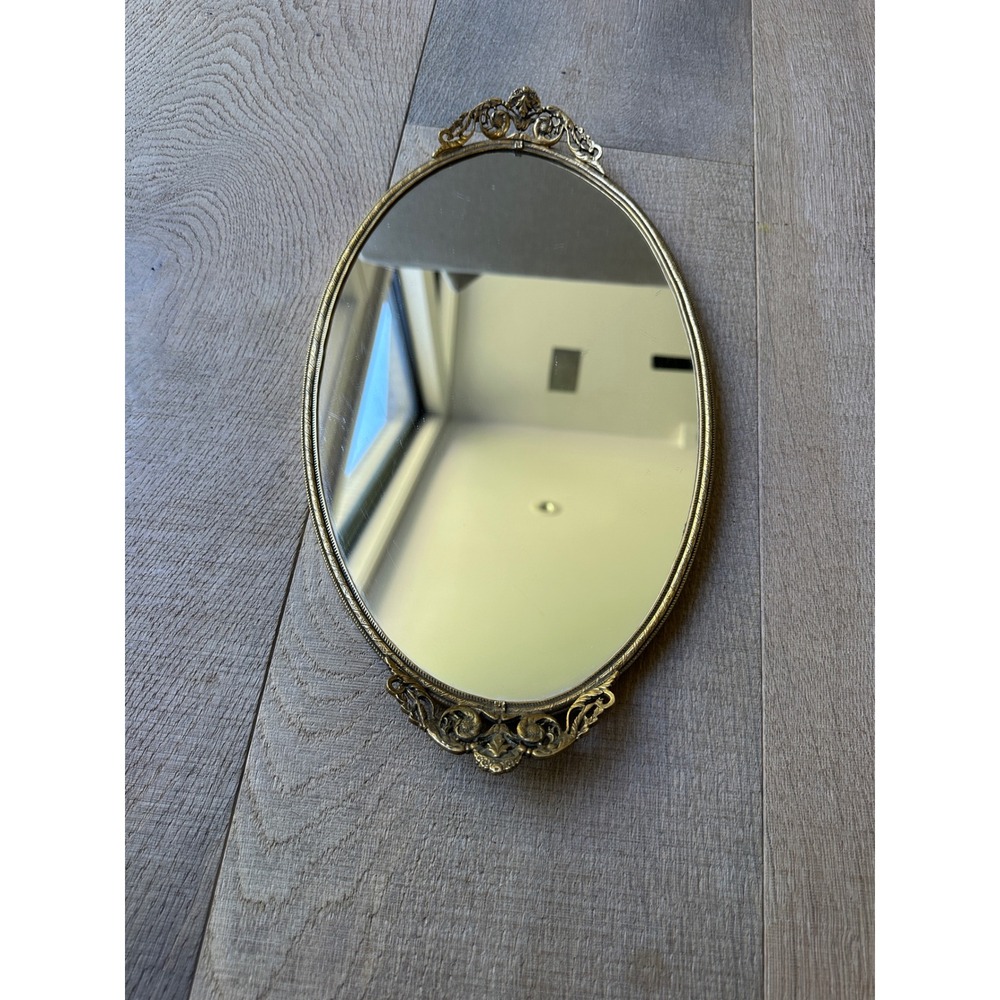 Vintage 1950s Stylebuilt Ornate Brass Oval Mirror Vanity Tray Hollywood Regency